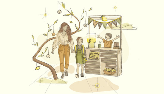 Illustration of a mother and daughter passing by a lemonade stand where a young boy is selling lemonade.