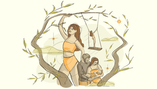 Illustration of lady in nature after birth and in the background a father and mother holding a newborn baby.